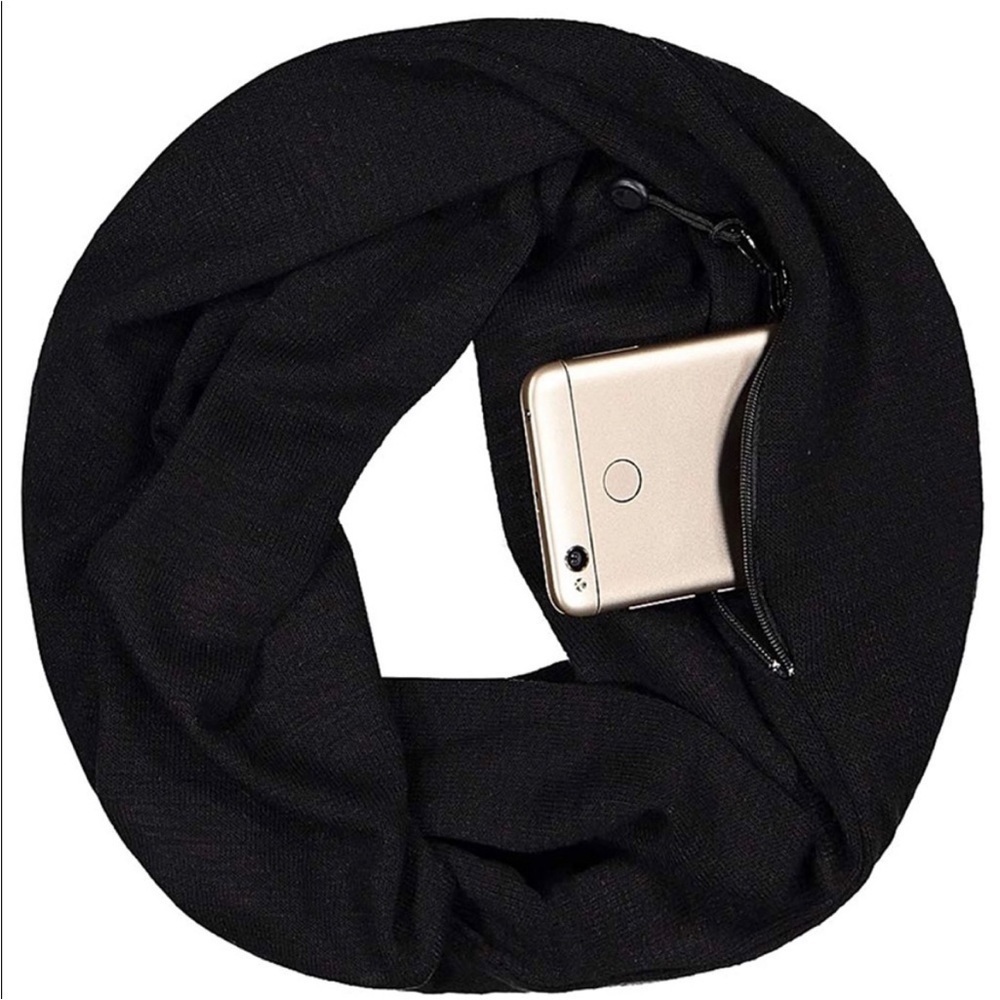 Beyond Yoga Hidden Zipper Cell Phone Pocket Infinity Scarf in Black Jersey Knit - Picture 2 of 11